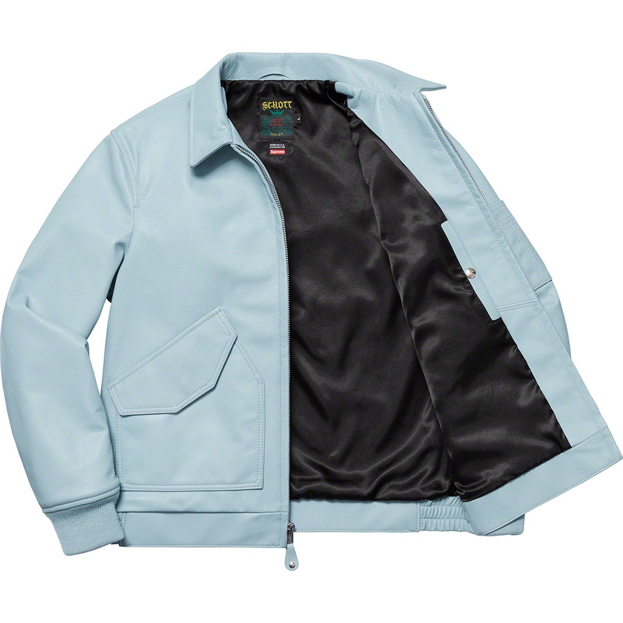 Details on Supreme Schott Leather Tanker Jacket Light Blue from spring summer
                                                    2019 (Price is $698)