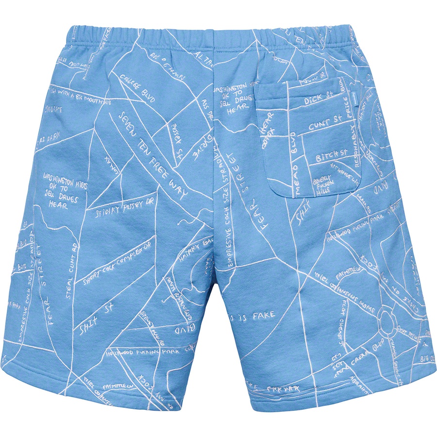 Details on Gonz Embroidered Map Sweatshort Columbia Blue from spring summer 2019 (Price is $168)