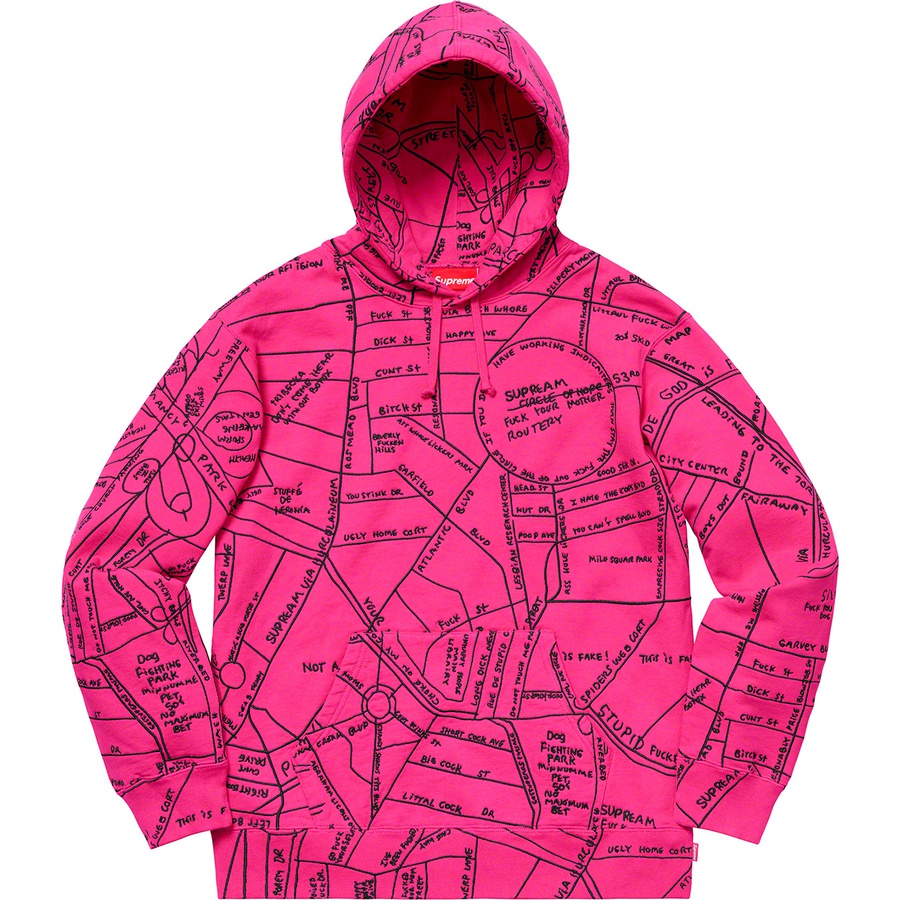 Details on Gonz Embroidered Map Hooded Sweatshirt Magenta from spring summer 2019 (Price is $248)