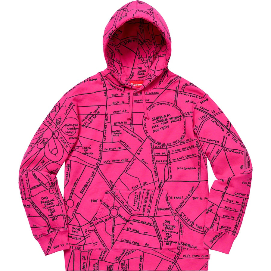 Details on Gonz Embroidered Map Hooded Sweatshirt Magenta from spring summer
                                                    2019 (Price is $248)