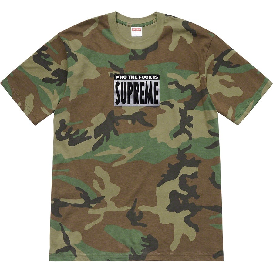 Details on Who The Fuck Tee Woodland Camo from spring summer
                                                    2019 (Price is $38)