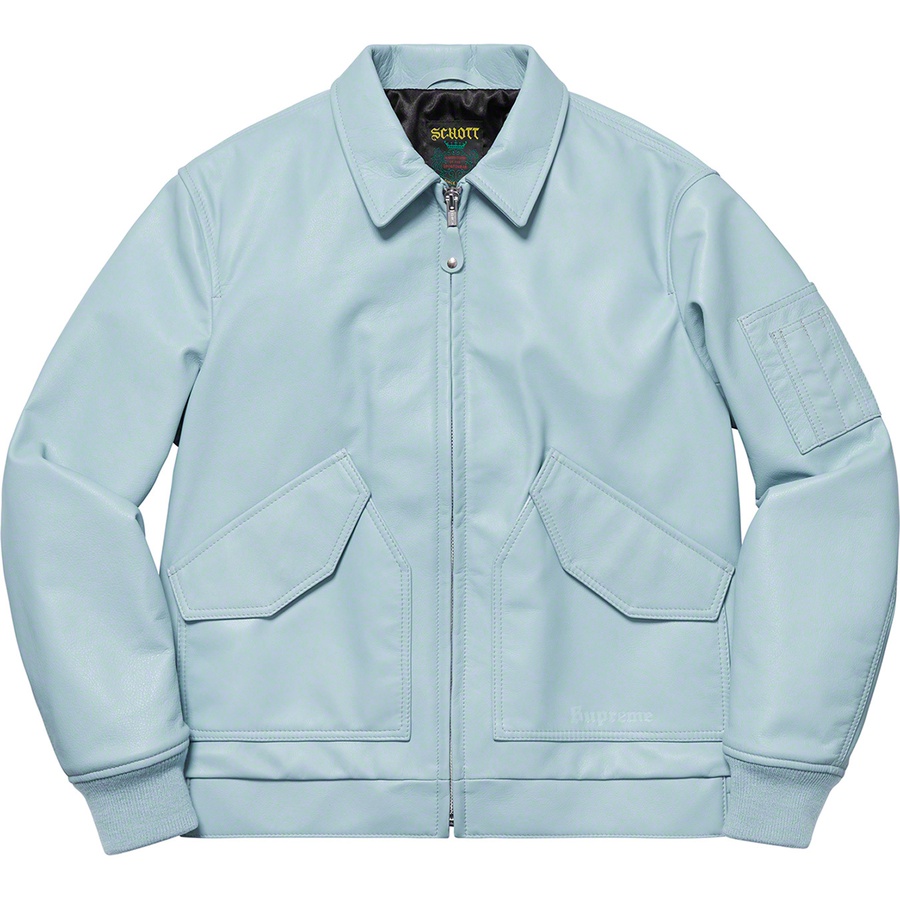 Details on Supreme Schott Leather Tanker Jacket Light Blue from spring summer
                                                    2019 (Price is $698)