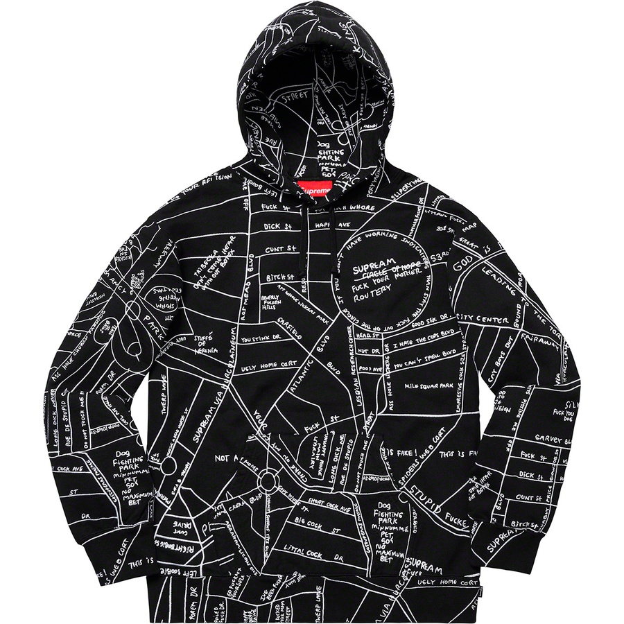 Details on Gonz Embroidered Map Hooded Sweatshirt Black from spring summer 2019 (Price is $248)
