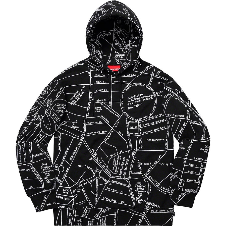 Details on Gonz Embroidered Map Hooded Sweatshirt Black from spring summer
                                                    2019 (Price is $248)