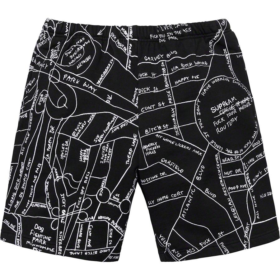 Details on Gonz Embroidered Map Sweatshort Black from spring summer 2019 (Price is $168)