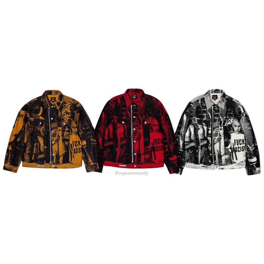 Details on Supreme Jean Paul Gaultier Fuck Racism Trucker Jacket from spring summer
                                            2019 (Price is $268)
