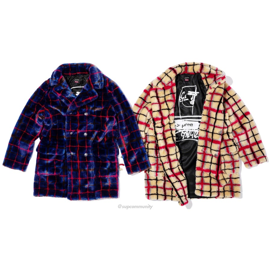 Supreme Supreme Jean Paul Gaultier Double Breasted Plaid Faux Fur Coat released during spring summer 19 season