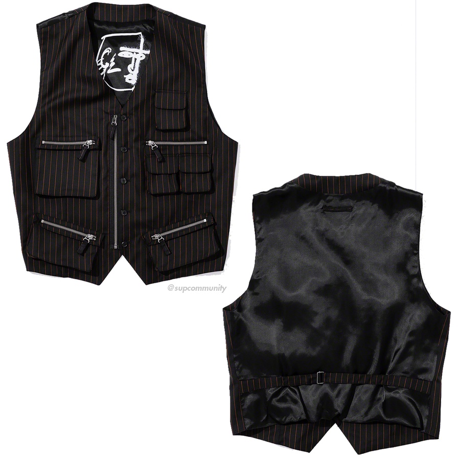 Details on Supreme Jean Paul Gaultier Pinstripe Cargo Suit Vest from spring summer
                                            2019 (Price is $388)