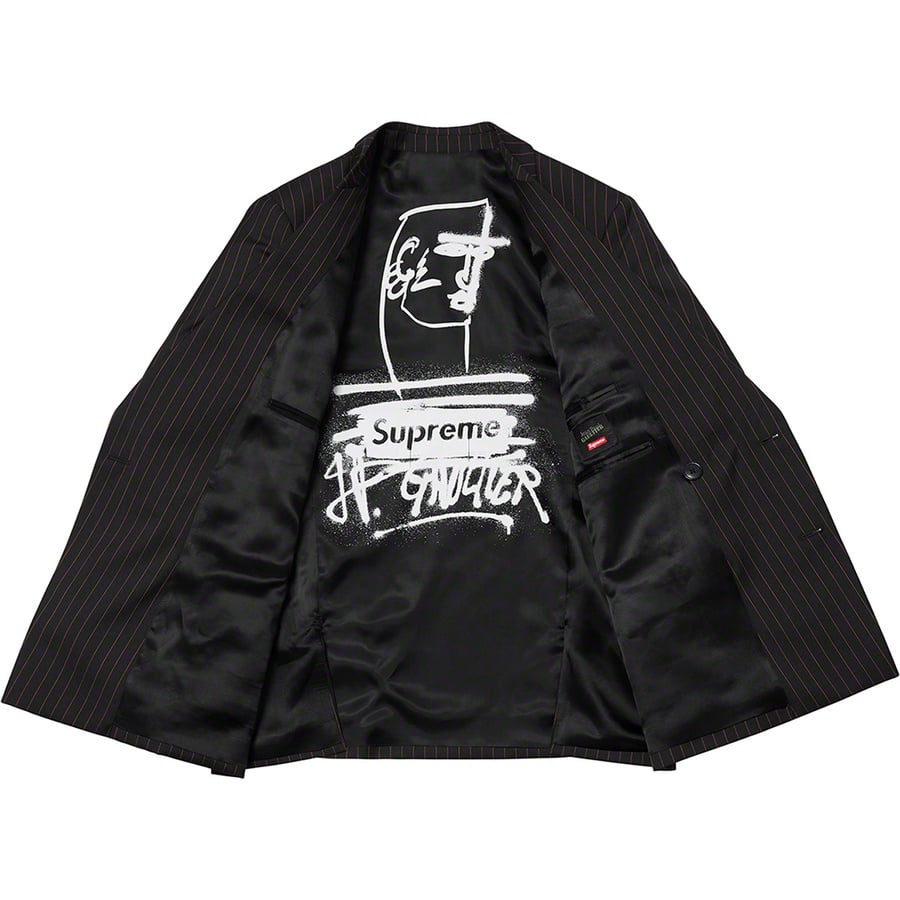 Details on Supreme Jean Paul Gaultier Pinstripe Double Breasted Blazer Black from spring summer
                                                    2019 (Price is $498)