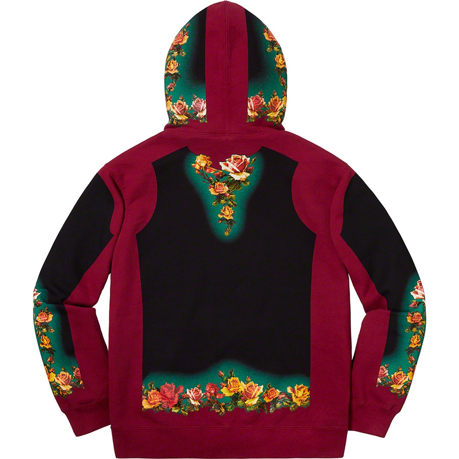 Details on Supreme Jean Paul Gaultier Floral Print Hooded Sweatshirt Cardinal from spring summer 2019 (Price is $228)