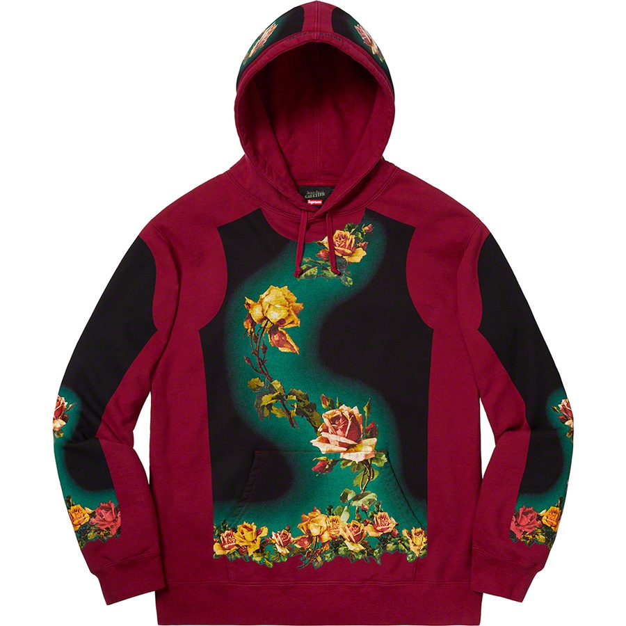 Details on Supreme Jean Paul Gaultier Floral Print Hooded Sweatshirt Cardinal from spring summer
                                                    2019 (Price is $228)