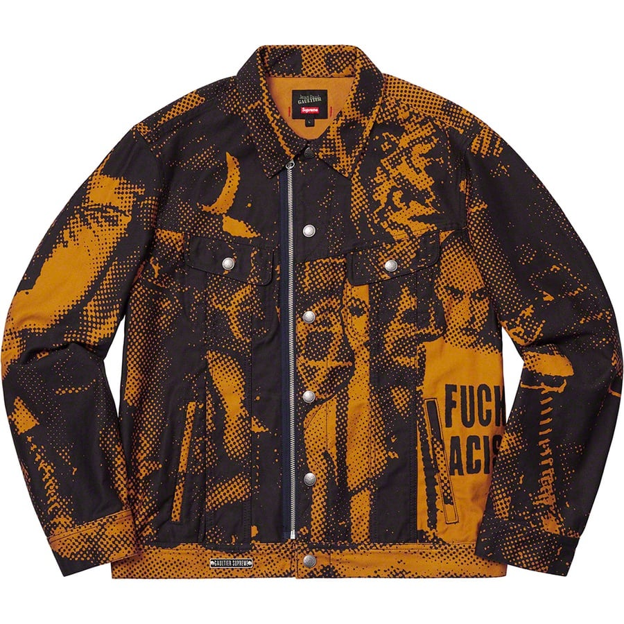 Details on Supreme Jean Paul Gaultier Fuck Racism Trucker Jacket Gold from spring summer
                                                    2019 (Price is $268)