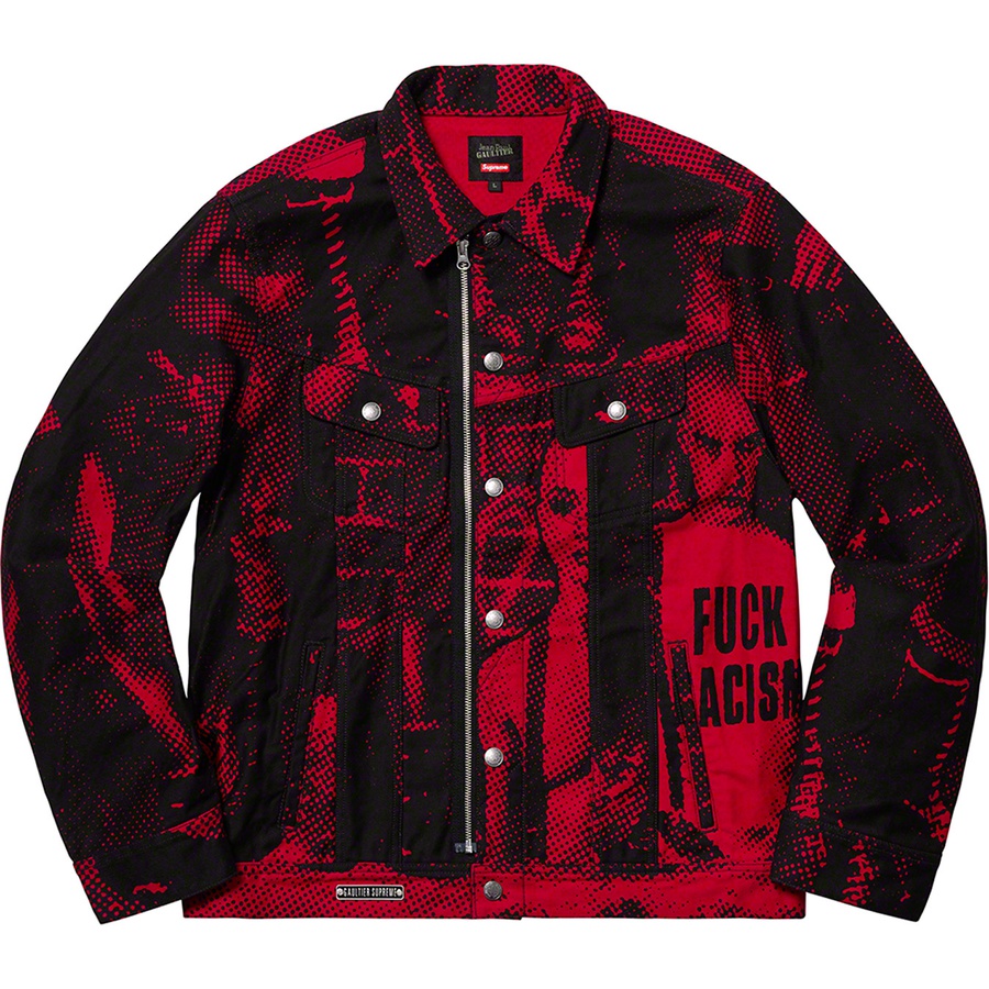Details on Supreme Jean Paul Gaultier Fuck Racism Trucker Jacket Red from spring summer
                                                    2019 (Price is $268)