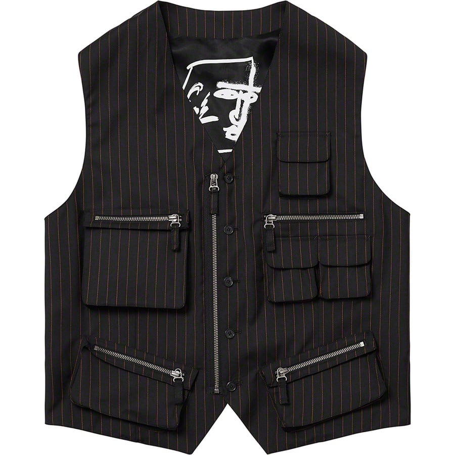 Details on Supreme Jean Paul Gaultier Pinstripe Cargo Suit Vest Black from spring summer
                                                    2019 (Price is $388)