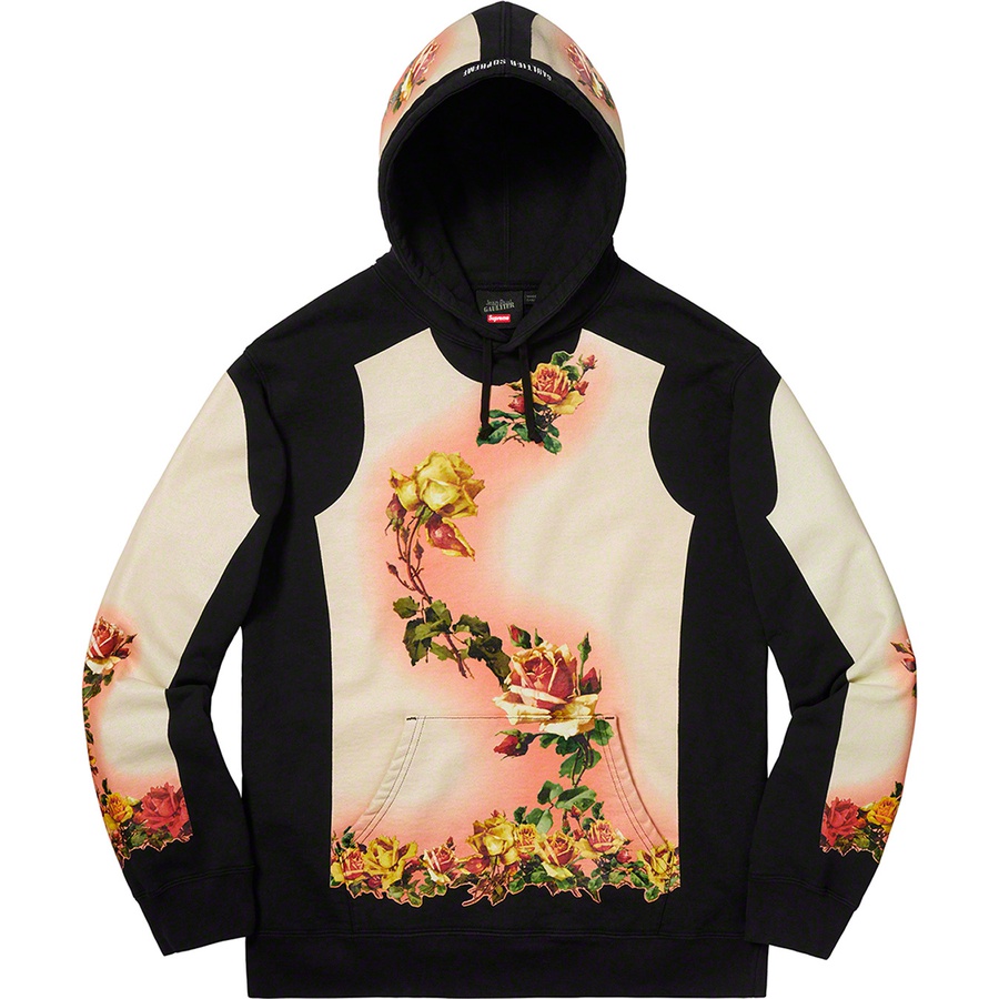 Details on Supreme Jean Paul Gaultier Floral Print Hooded Sweatshirt Black from spring summer
                                                    2019 (Price is $228)