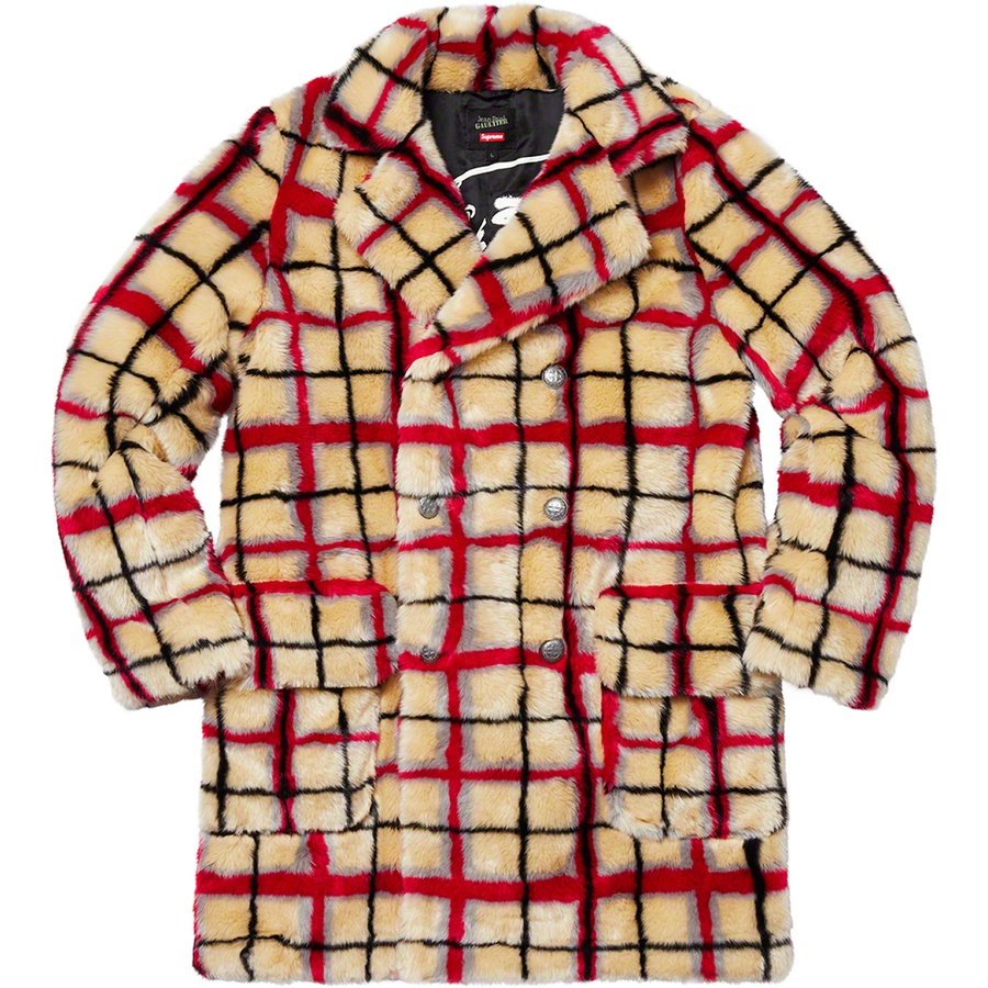 Details on Supreme Jean Paul Gaultier Double Breasted Plaid Faux Fur Coat Off-White from spring summer
                                                    2019 (Price is $488)