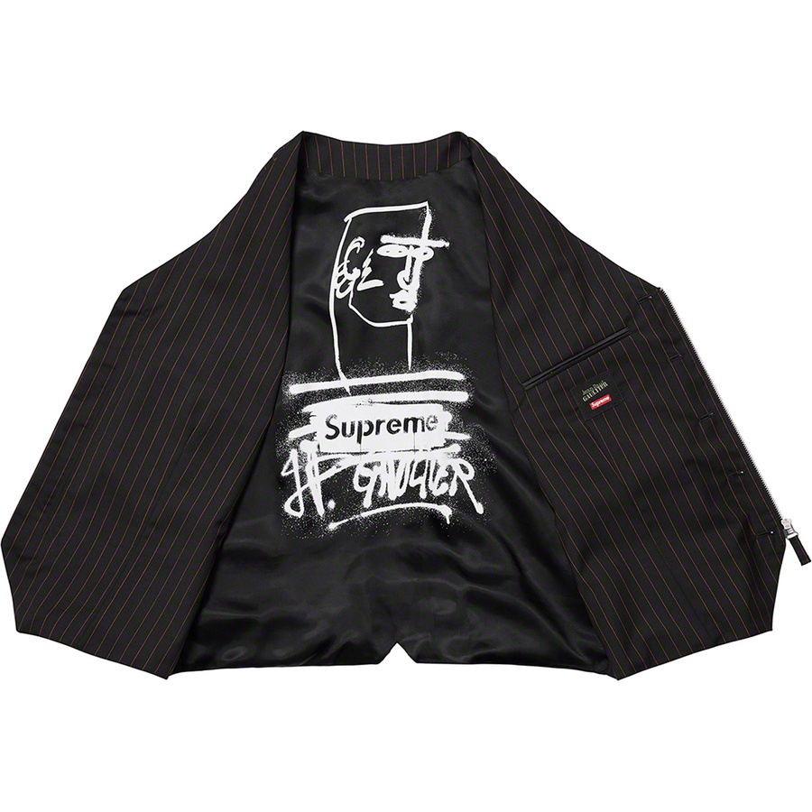 Details on Supreme Jean Paul Gaultier Pinstripe Cargo Suit Vest Black from spring summer
                                                    2019 (Price is $388)