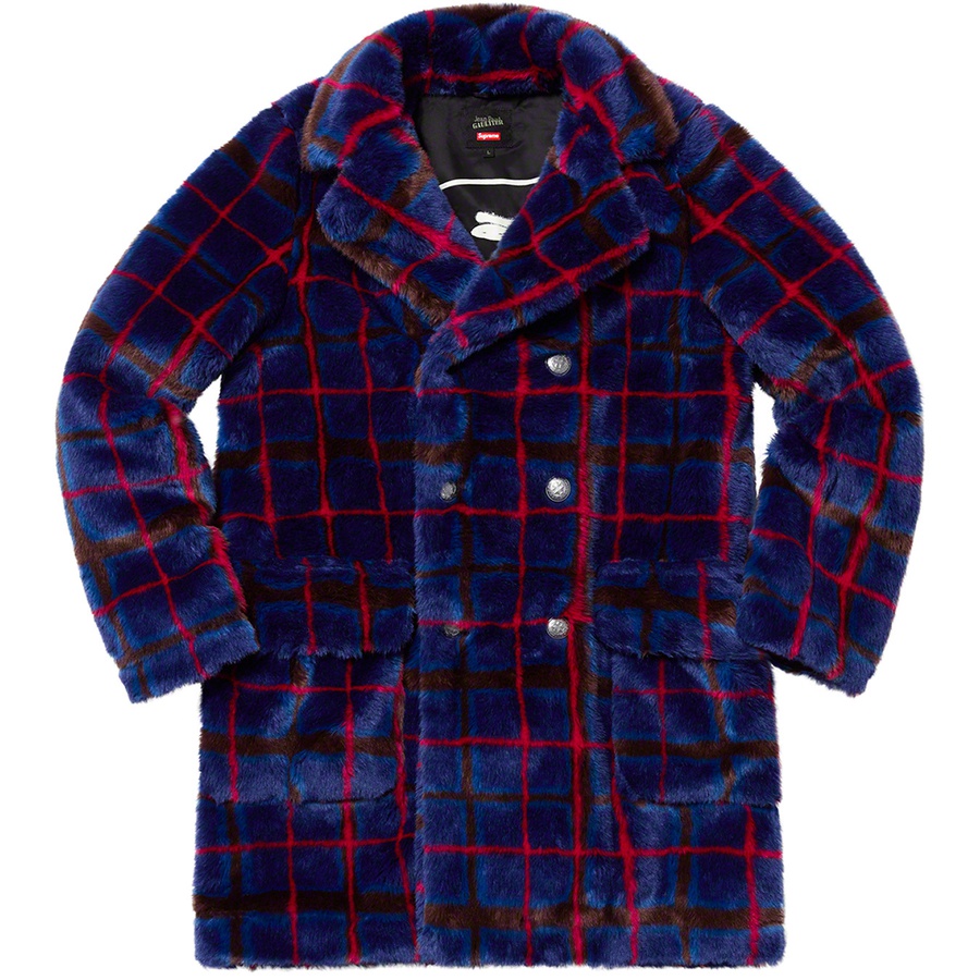 Details on Supreme Jean Paul Gaultier Double Breasted Plaid Faux Fur Coat Blue from spring summer 2019 (Price is $488)