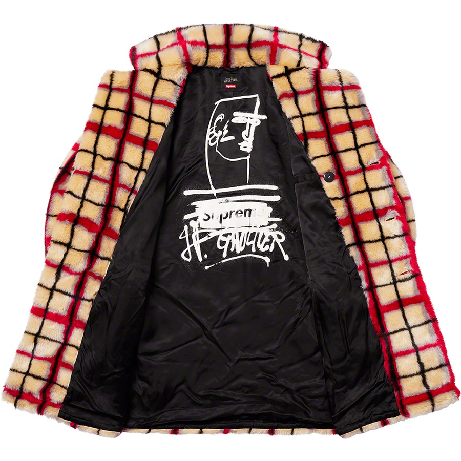 Details on Supreme Jean Paul Gaultier Double Breasted Plaid Faux Fur Coat Off-White from spring summer
                                                    2019 (Price is $488)