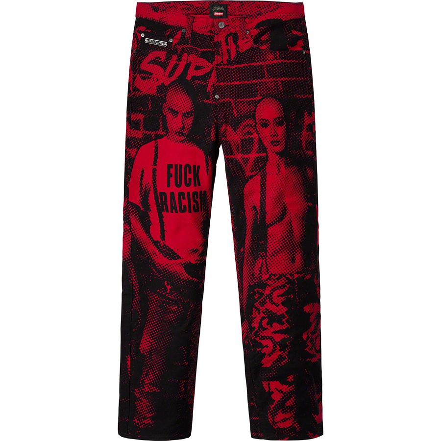 Details on Supreme Jean Paul Gaultier Fuck Racism Jean Red from spring summer
                                                    2019 (Price is $178)