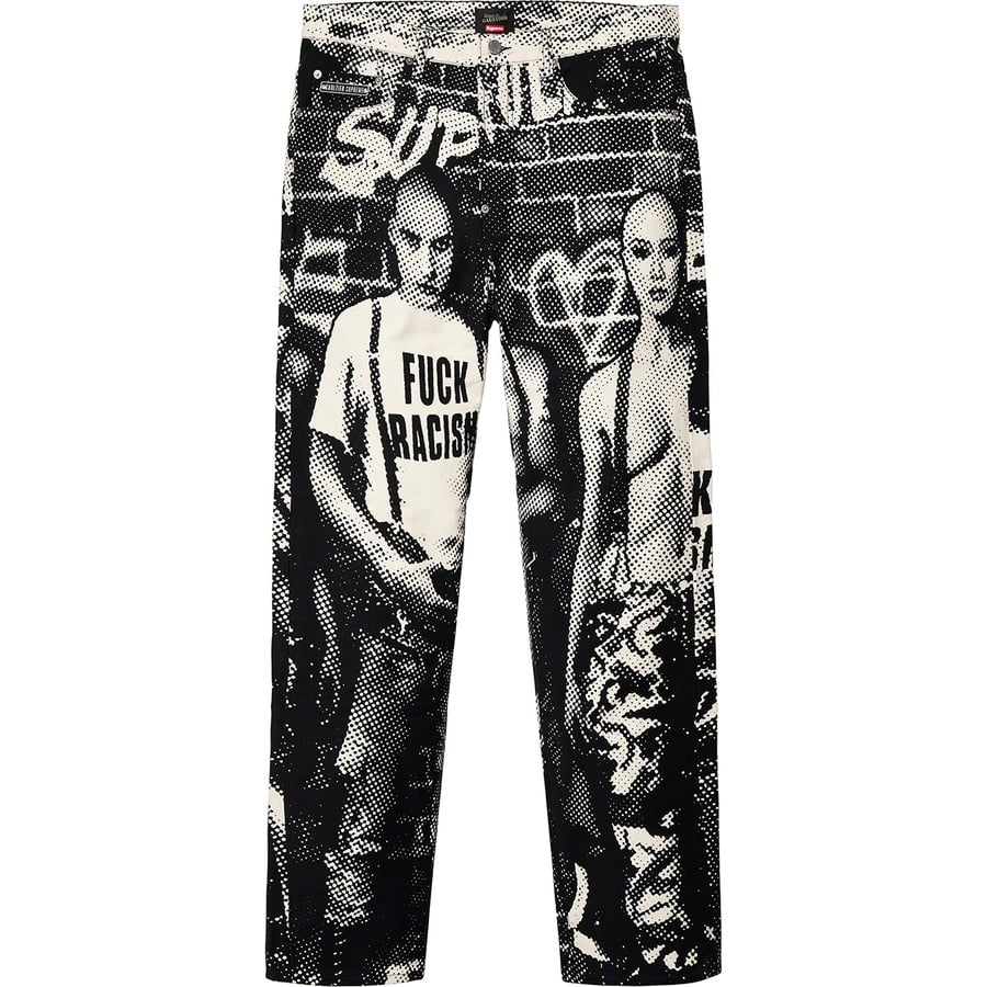 Details on Supreme Jean Paul Gaultier Fuck Racism Jean White from spring summer
                                                    2019 (Price is $178)