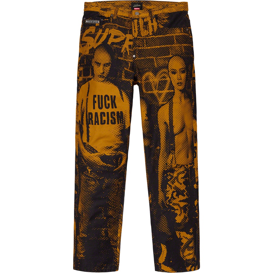 Details on Supreme Jean Paul Gaultier Fuck Racism Jean Gold from spring summer
                                                    2019 (Price is $178)