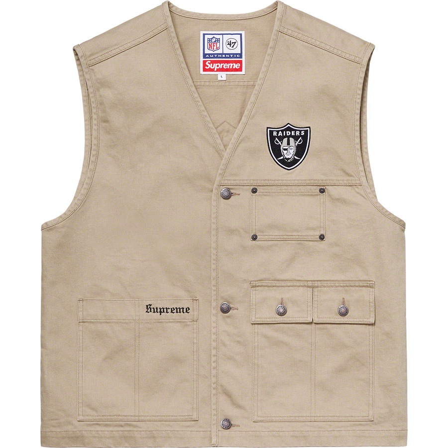 Details on Supreme NFL Raiders '47 Denim Vest Khaki from spring summer
                                                    2019 (Price is $158)