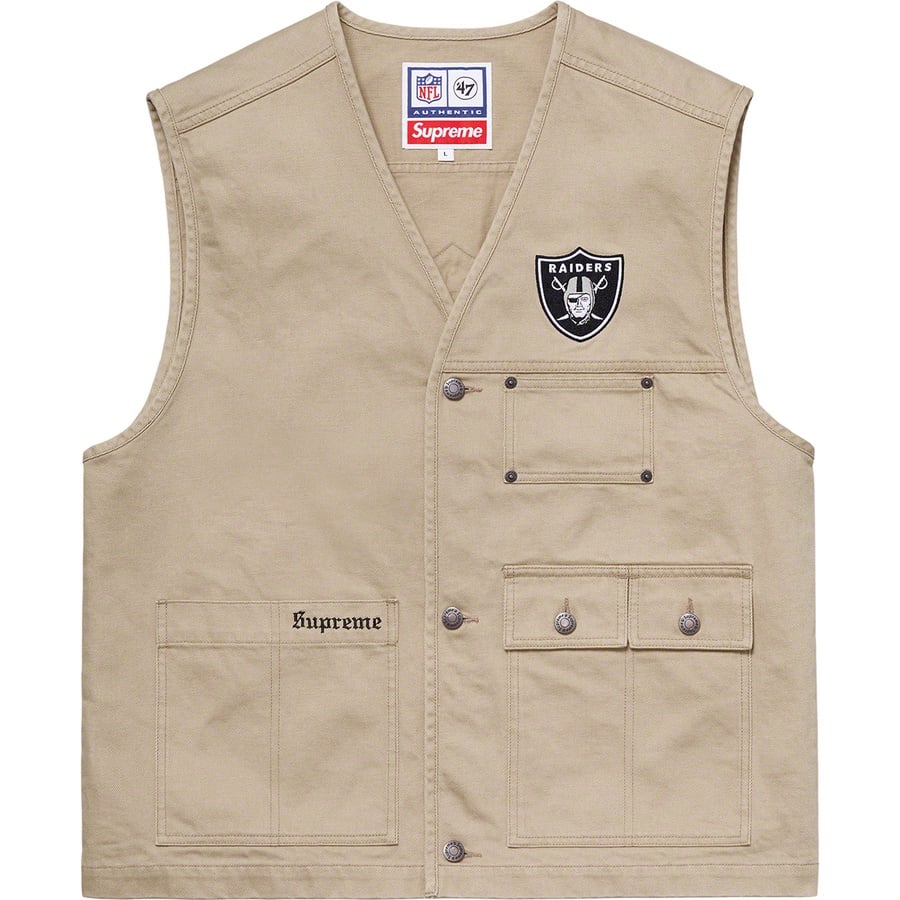 Details on Supreme NFL Raiders '47 Denim Vest Khaki from spring summer
                                                    2019 (Price is $158)