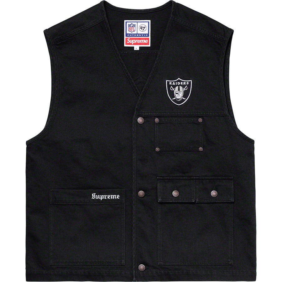 Details on Supreme NFL Raiders '47 Denim Vest Black from spring summer 2019 (Price is $158)