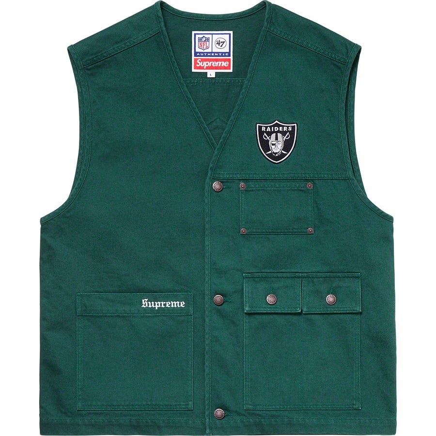 Details on Supreme NFL Raiders '47 Denim Vest Dark Green from spring summer
                                                    2019 (Price is $158)