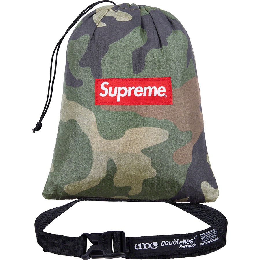Details on Supreme ENO DoubleNest Hammock Woodland Camo from spring summer
                                                    2019 (Price is $188)