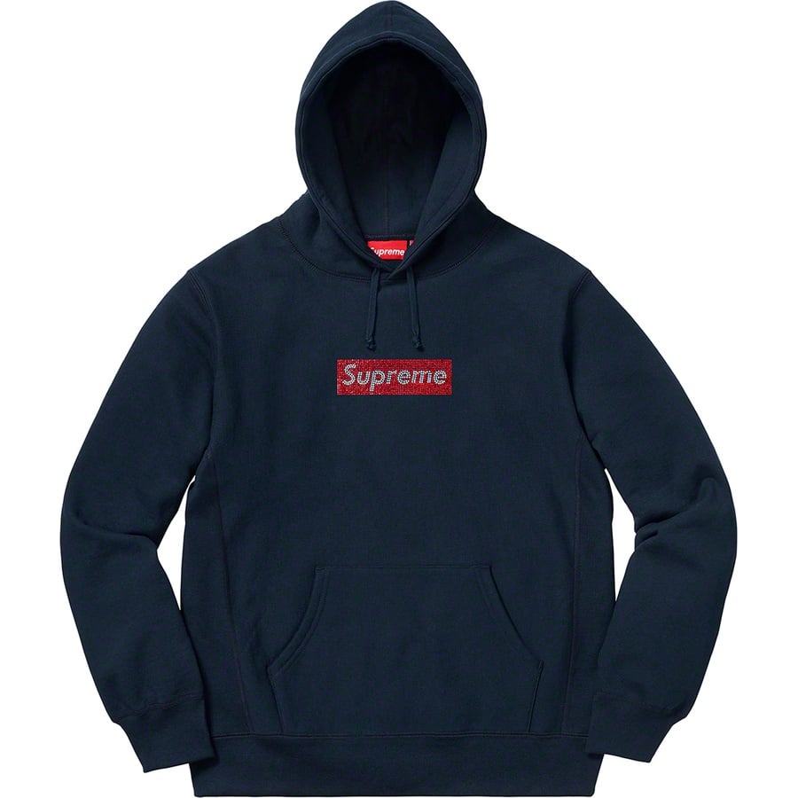 Details on Supreme Swarovski Box Logo Hooded Sweatshirt Navy from spring summer 2019 (Price is $598)