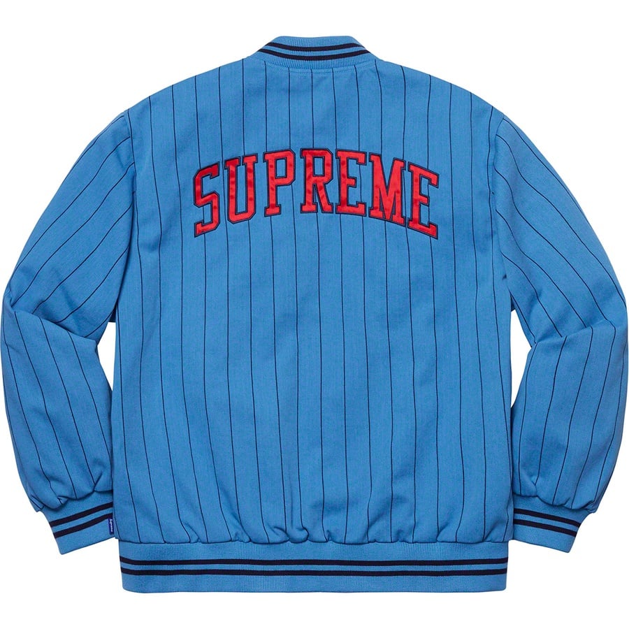 Details on Pinstripe Varsity Jacket Blue from spring summer
                                                    2019 (Price is $188)