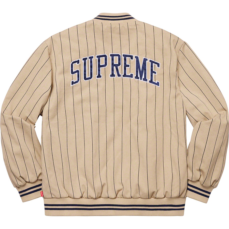 Details on Pinstripe Varsity Jacket Tan from spring summer 2019 (Price is $188)