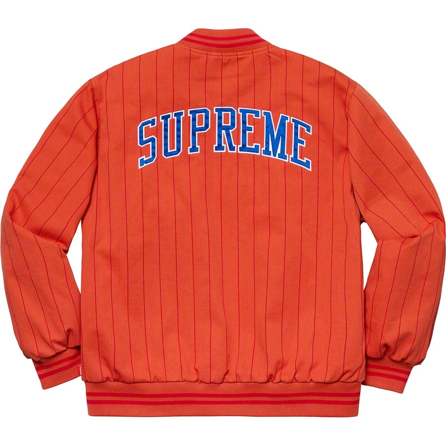 Details on Pinstripe Varsity Jacket Orange from spring summer
                                                    2019 (Price is $188)