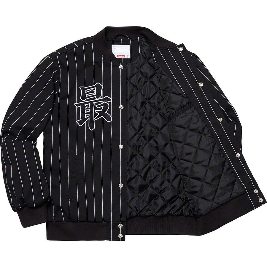 Details on Pinstripe Varsity Jacket Black from spring summer
                                                    2019 (Price is $188)