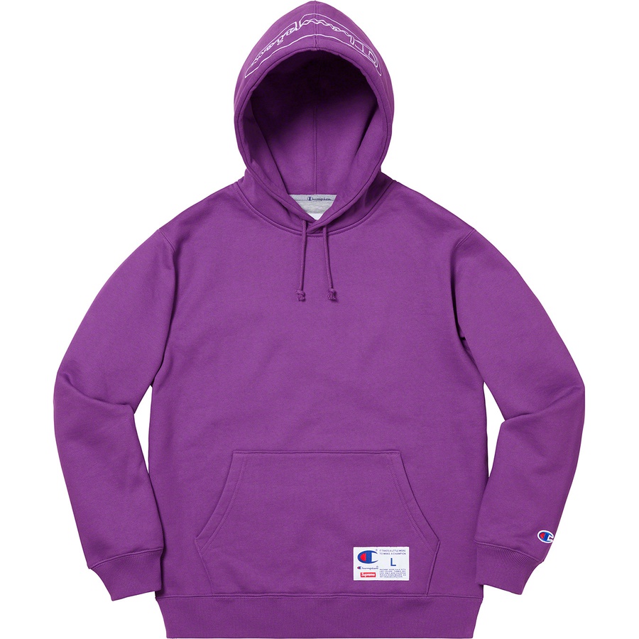 Details on Supreme Champion Outline Hooded Sweatshirt Purple from spring summer 2019 (Price is $148)