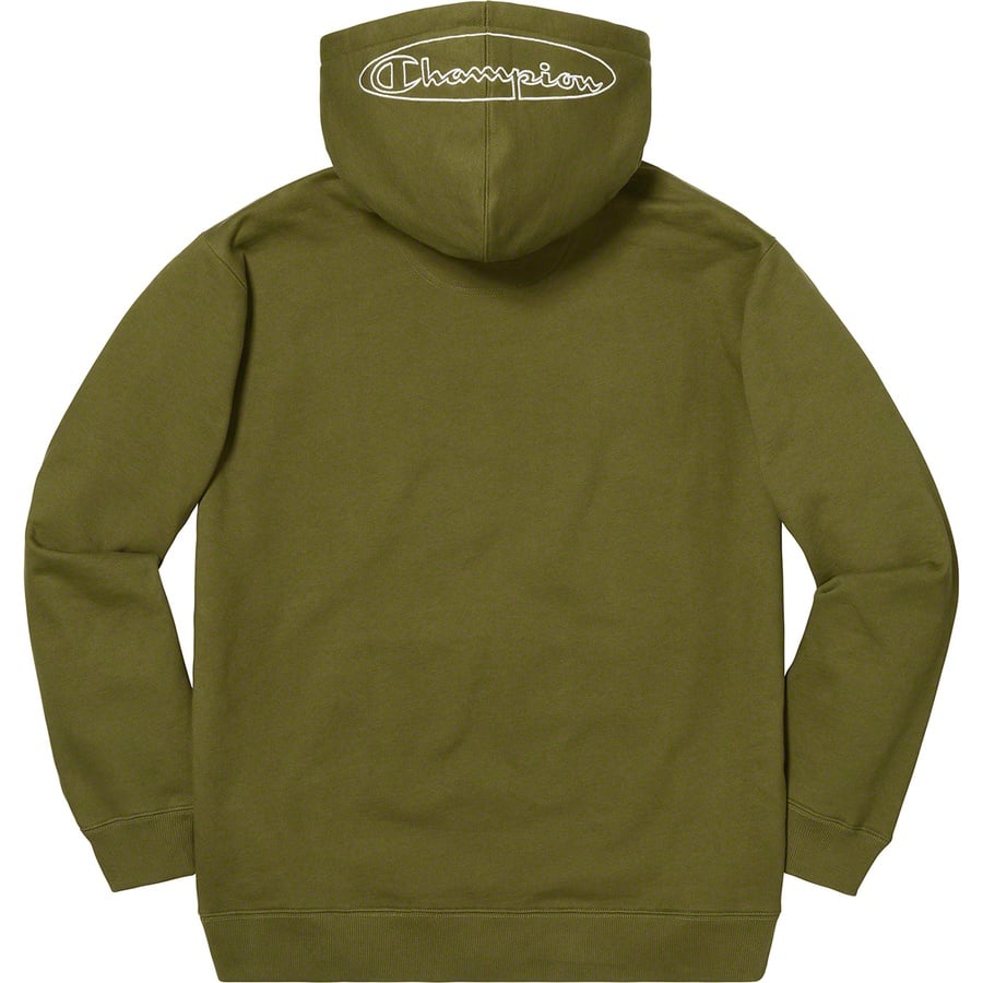 Details on Supreme Champion Outline Hooded Sweatshirt Dark Olive from spring summer 2019 (Price is $148)