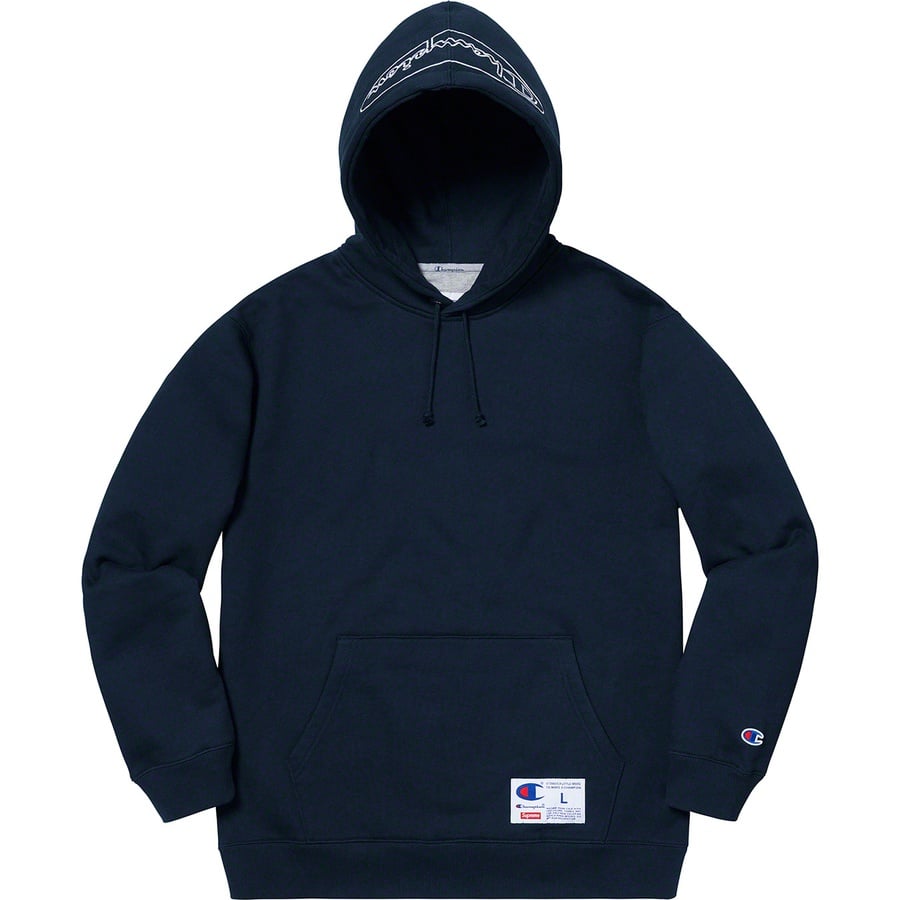 Details on Supreme Champion Outline Hooded Sweatshirt Navy from spring summer 2019 (Price is $148)