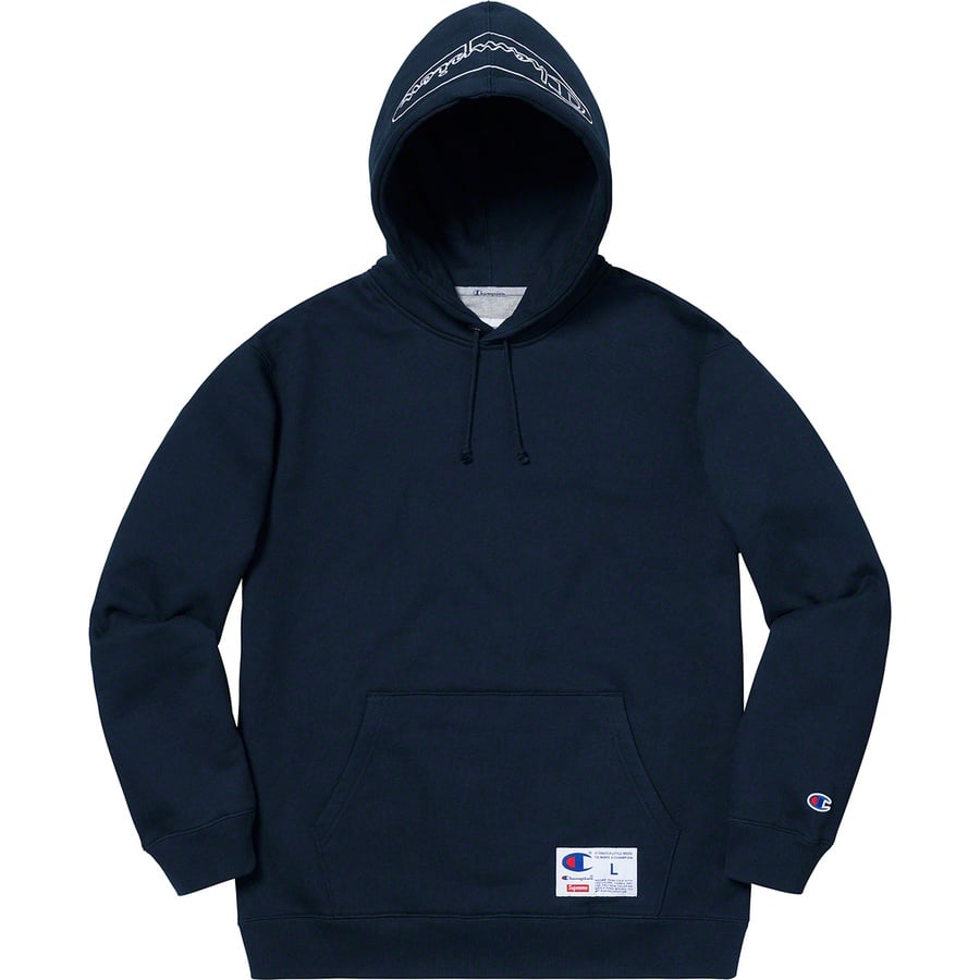 Details on Supreme Champion Outline Hooded Sweatshirt Navy from spring summer
                                                    2019 (Price is $148)