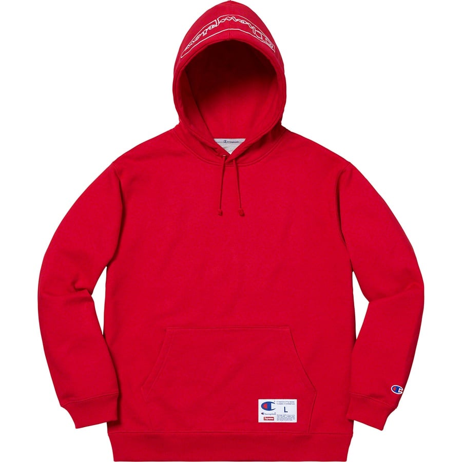 Details on Supreme Champion Outline Hooded Sweatshirt Dark Red from spring summer 2019 (Price is $148)