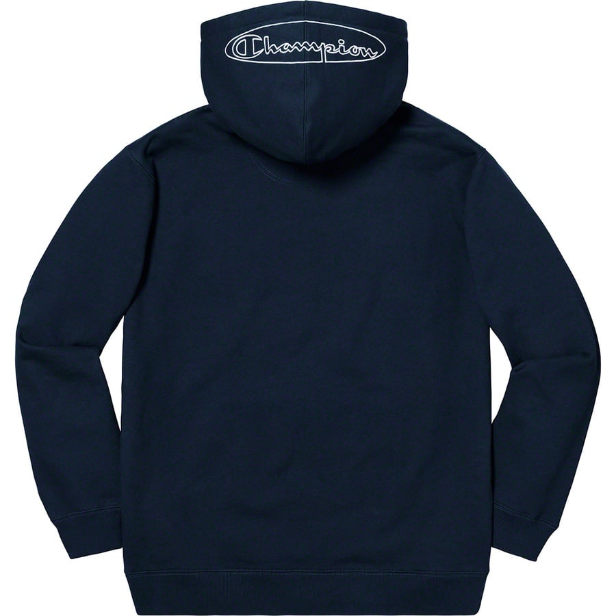 Details on Supreme Champion Outline Hooded Sweatshirt Navy from spring summer 2019 (Price is $148)