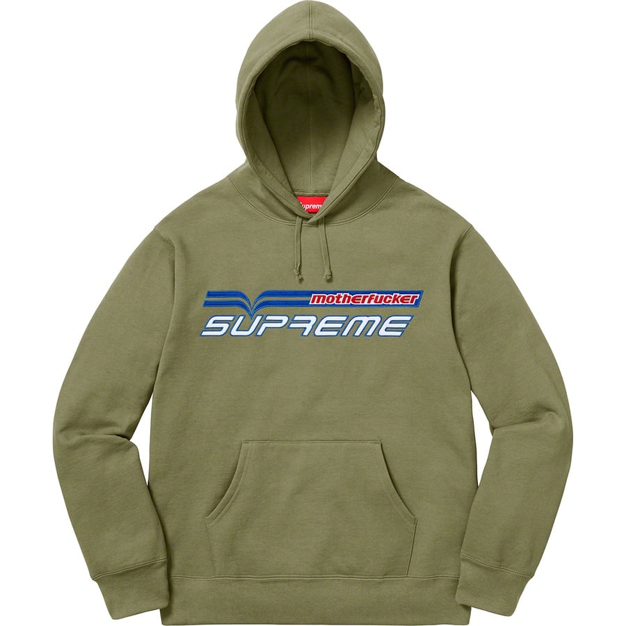 Details on Motherfucker Hooded Sweatshirt Light Olive from spring summer 2019 (Price is $158)