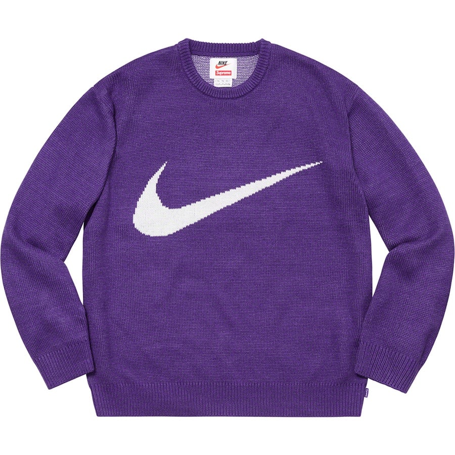 Details on Supreme Nike Swoosh Sweater Purple from spring summer
                                                    2019 (Price is $148)