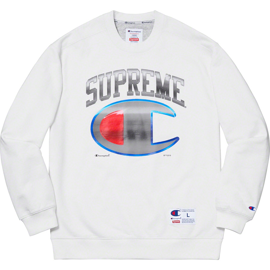Details on Supreme Champion Chrome Crewneck White from spring summer
                                                    2019 (Price is $148)
