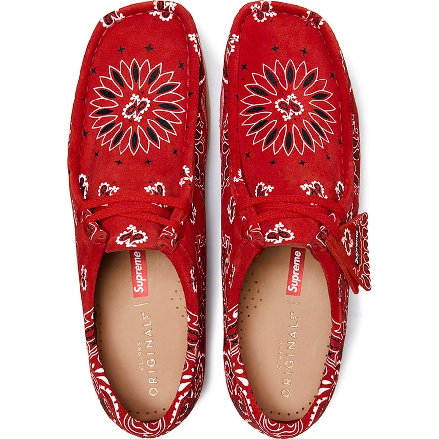 Details on Supreme Clarks Originals Bandana Wallabee Red from spring summer 2019 (Price is $198)