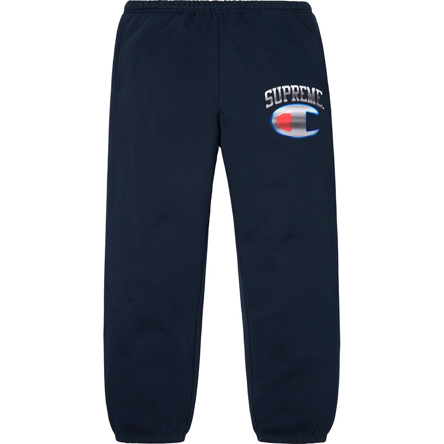 Details on Supreme Champion Chrome Sweatpant Navy from spring summer
                                                    2019 (Price is $148)