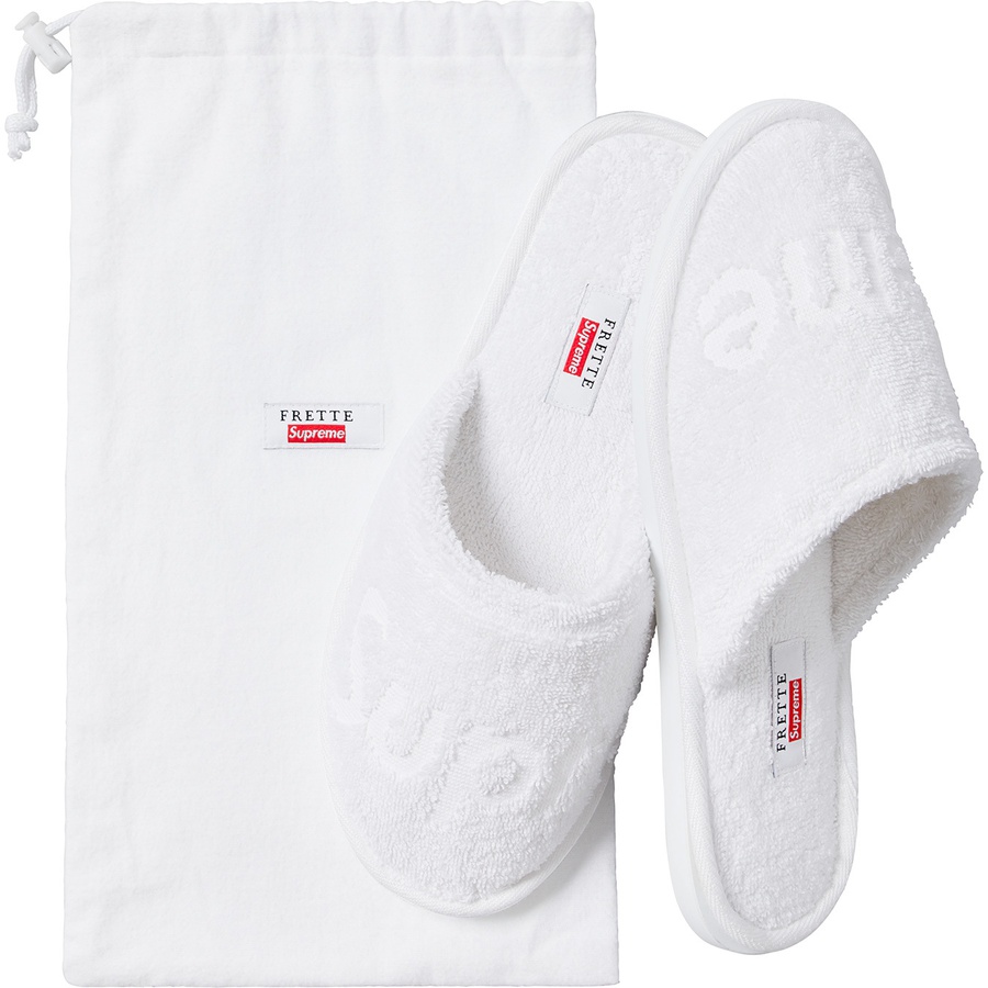 Details on Supreme Frette Slippers White from spring summer 2019 (Price is $68)