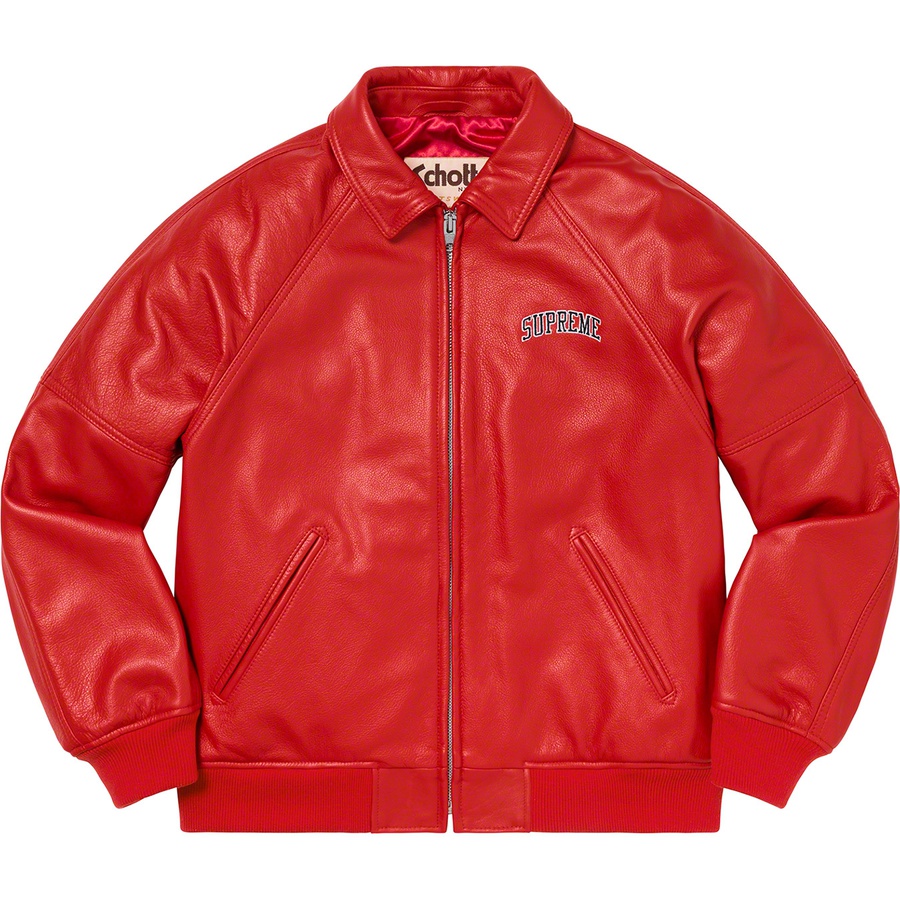 Details on Martin Wong Supreme Schott 8-Ball Leather Varsity Jacket Red from fall winter 2019 (Price is $798)