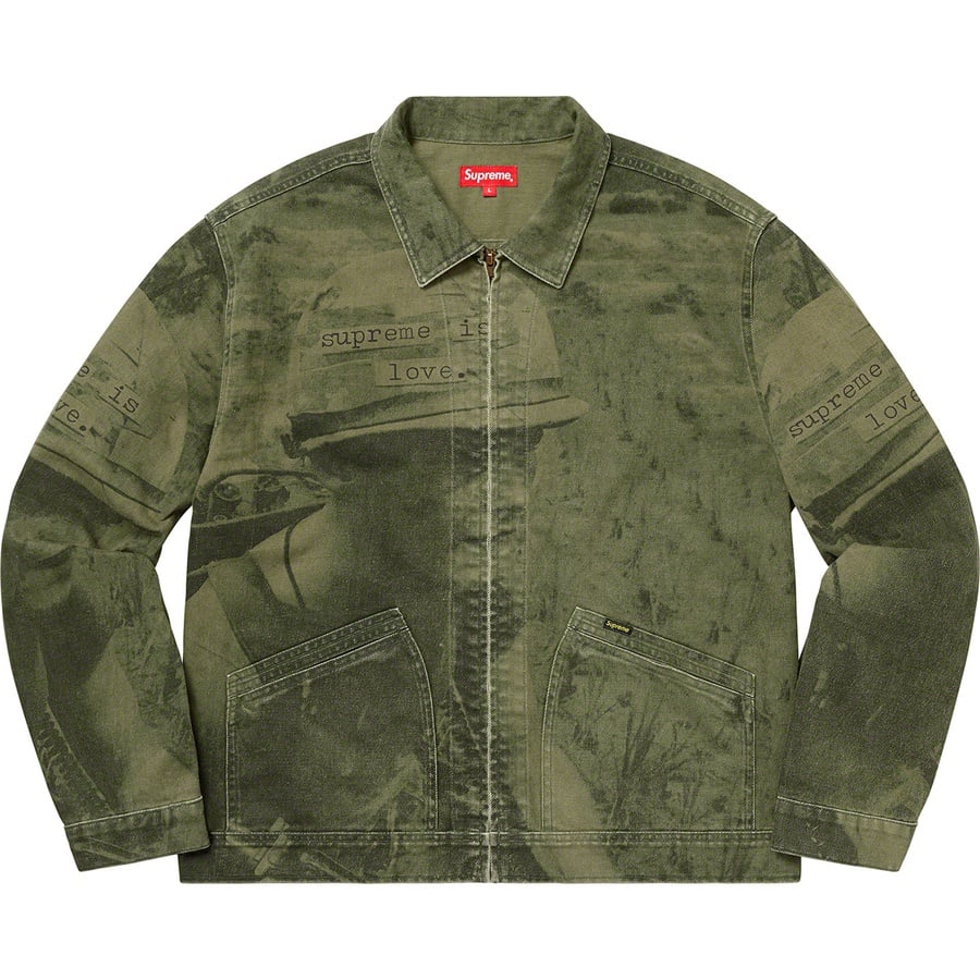 Details on Supreme Is Love Denim Work Jacket Olive from fall winter
                                                    2019 (Price is $228)